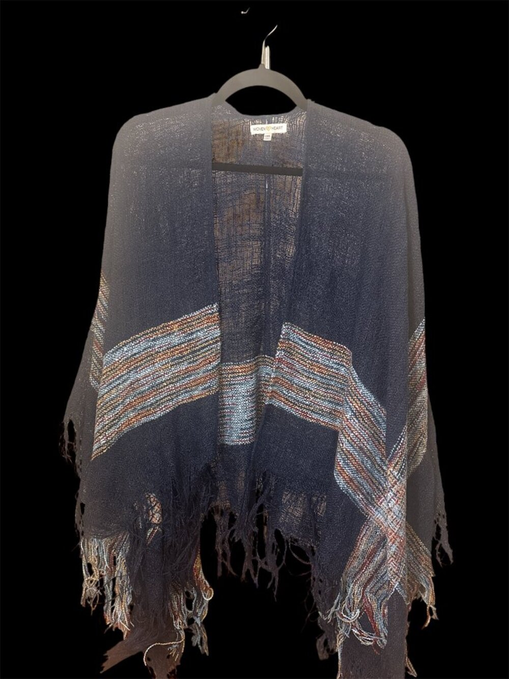 Woven Heart Blue Poncho with Striped Fringe